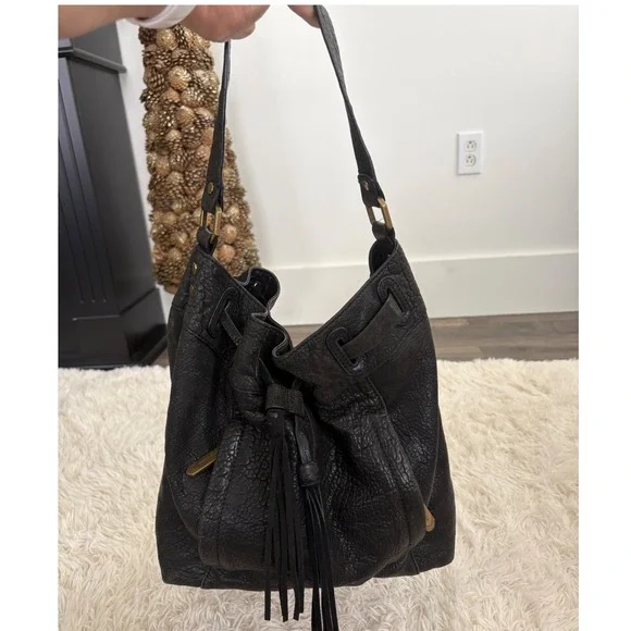Ella Moss Black Leather Bucket Bag Hobo Purse Tassel Drawstring Shoulder Bag - Picture 1 of 10